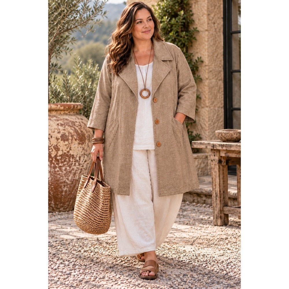 J. Jill 100% Linen Long Duster Jacket Brown Tan Lagenlook Quiet Luxury Earthy 4X